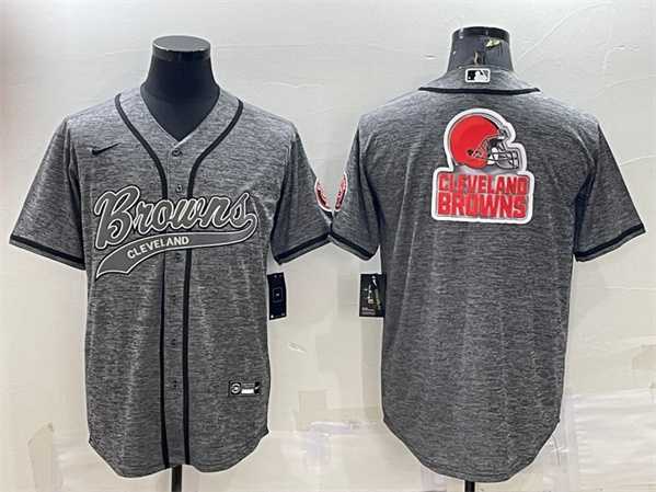 Men%27s Cleveland Browns Gray Team Big Logo With Patch Cool Base Stitched Baseball Jersey